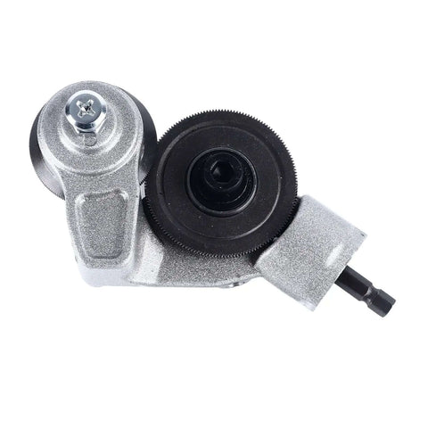 Metal Sheet Nibbler Drill Attachment for electric and impact drills showing titanium steel disc and hex wrench setup
