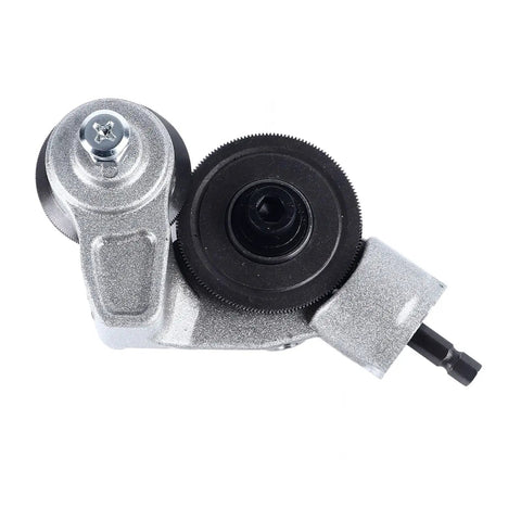 Jeanoko Electric Drill Metal Shears Attachment For Cutting Thin Sheet Metal Efficient Heavy Duty Tool With Sparkless Precision Fit Lithium Impact Driver shows a detailed view of the silver cutting attachment.