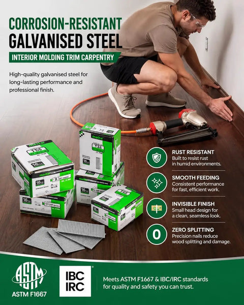Pro Trade 16 Gauge Finish Nails 2-1/2 Inch Galvanized Straight T Head Design Smooth Collation Zero Jamming Guaranteed For Hassle Free Trim Work And Custom Woodworking 2500 Piece Box on hardwood floor during installation.