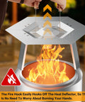 Dope 19.5 Inch Heat Deflector for Solo Stove, stainless steel diffuser raised above fire with hook handle and thermal arrows