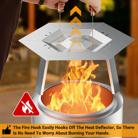 Dope 19.5 Inch Heat Deflector for Solo Stove, stainless steel diffuser raised above fire with hook handle and thermal arrows