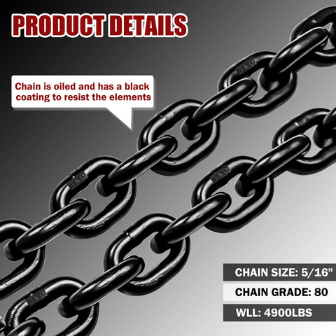 Close-up of black G80 Transport Binder Chain 5/16 Inch By 20 Foot With Clevis Grab Hooks Heavy Duty Tow Chain 4900 Lbs Safe Working Load