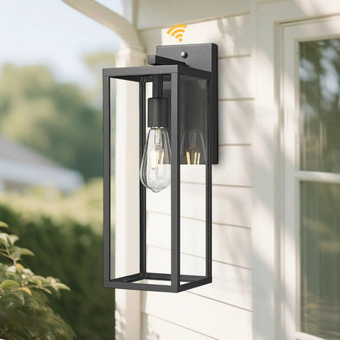 Dusk To Dawn Sensor Outdoor Wall Lantern 15 Inch Tall Anti Rust Black Exterior Light mounted on house wall with bulb