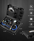 Universal Auto Vacuum Coolant Filler Kit With Pneumatic Purge For Radiator Refilling in open hard case, parts organized.