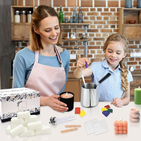 Mother and daughter using All In One Candle Making Kit For Beginners With 2.12 Lb Soy Wax Dyes Wicks Stickers And More DIY Wax Melt Kit