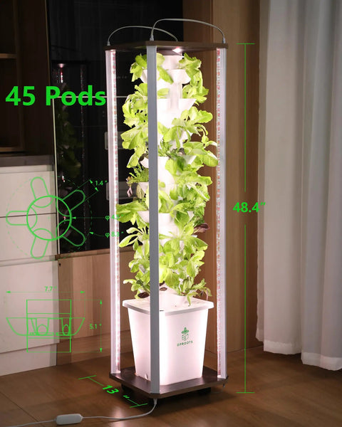 Vertical Hydroponics Tower Garden For Home Growers With 45 Pods, showing tall unit with leafy greens under LED lights.