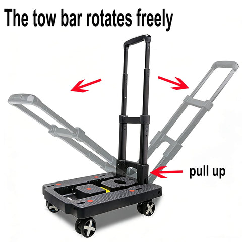 Black car seat dolly travel cart with foldable frame, rotating tow bar, four wheels, and adjustable handle.
