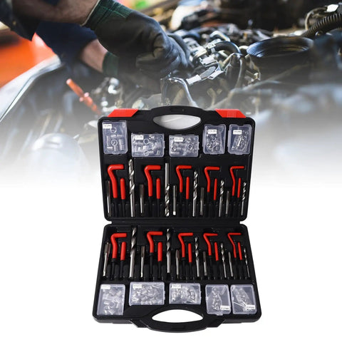 261 Piece Thread Repair Kit with Metric and Imperial Self Tapping Inserts, taps, and drill bits displayed in open case.