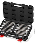 Open case of Three Eighths Inch Drive Long Ball End Hex Socket Set, Twenty Piece SAE And Metric Allen Bits kit with S2 Steel sockets.