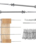 Fifty Pack One Eighth Inch Cable Railing Hardware Kit With Hand Swage Threaded Stud Tensioner For Four By Four And Two By Two Wood Or Metal Posts In T316 Stainless Steel For Deck Cable Railing System CR39, components displayed with wood and metal parts.