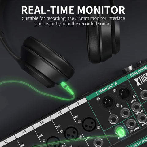 Sixteen Channel Audio Mixer Pro For PC Studio And Live DJ Setup with headphones plugged into monitor port