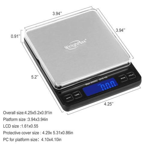 Pro Pocket Scale 3000g Digital Precision 0.1g 0.01oz Tiny But Mighty For Kitchen And Postal Use shown with measurements