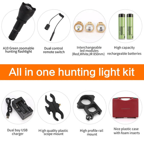 All-in-one hunting light kit for Beast Mode Long Range Hunting Flashlight With Zoomable Beam And Green Red White LEDs Plus 850nm IR 1000 Lumens Flood To Spot Built For Predator Varmint Coyote Hog Night Hunts.