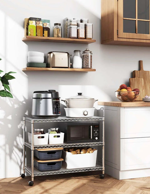Heavy Duty Chrome Steel Rolling Storage Shelves Three Tier Mobile Wire Rack Built Tough For Garage Kitchen Pantry Setup with kitchen items.