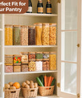 Six Pack Airtight Glass Storage Canisters With Square Lids Set For Flour Cereal Sugar Tea Coffee Beans Snacks Pantry Organization Kitchen Jars neatly aligned on pantry shelf, filled with various foods.