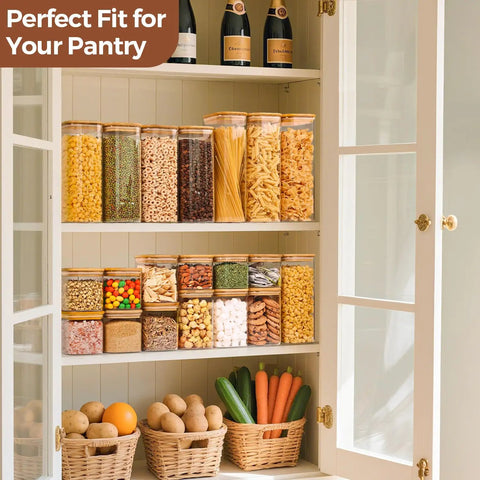 Six Pack Airtight Glass Storage Canisters With Square Lids Set For Flour Cereal Sugar Tea Coffee Beans Snacks Pantry Organization Kitchen Jars neatly aligned on pantry shelf, filled with various foods.