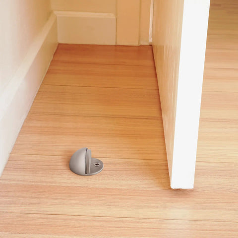 Floor Mounted Door Stops Five Pack Satin Nickel Zinc Heavy Duty With Rubber Cushions And Easy Install Dome Shaped To Protect Walls And Doors 1.75 Inch Diameter By 1.25 Inch High installed on wooden floor