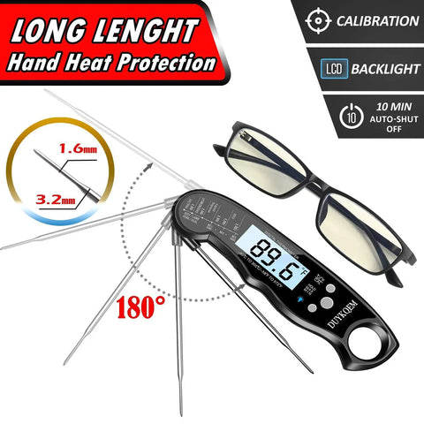 Instant Read Digital Meat Thermometer 2 Pack Waterproof Kitchen Probe With Backlight And Easy Calibration for grilling BBQ shown folded.