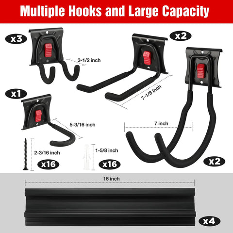 Garage Tool Organizer Wall Mount System With 64 Inch Rails and Eight Heavy Duty Adjustable Hooks detail guide showing sizes