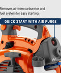 Close-up of the Gas Leaf Blower Vacuum Kit With Mulcher And Vac Bag 28cc 1.1HP showing quick start air purge feature.