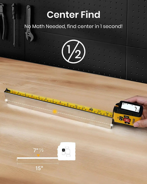 3 In 1 Digital Laser Tape Measure With 131ft Laser And 16ft Tape Instant Digital Readouts Class II Eye Safe Laser Versatile Measuring Tool For Home DIY Construction And Carpentry Projects Fast Accurate Measurements showing center-find measurement on wood board