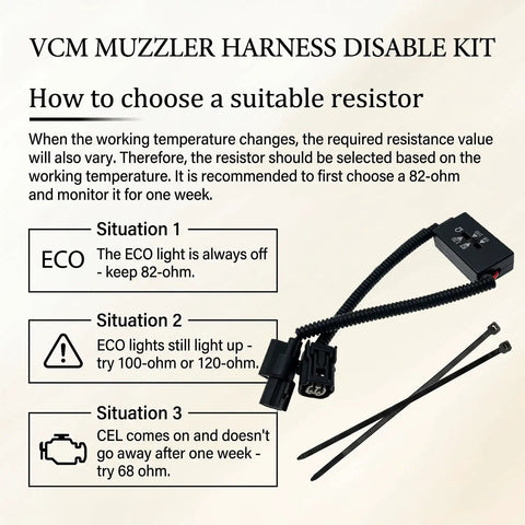 VCM MUZZLER HARNESS DISABLE KIT guide showing resistor selection for optimal performance and troubleshooting.