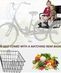 Adult Tricycle Rear Seat With Child Seat And Rear Basket For Electric Tricycles, Fits 24-Inch Models, Safety Belt, 150 Lb Load, Ink Black, No-Fuss Back Rack For Riding And Storage on 24-inch trike with child and basket