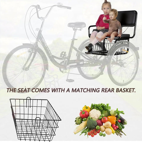 Adult Tricycle Rear Seat With Child Seat And Rear Basket For Electric Tricycles, Fits 24-Inch Models, Safety Belt, 150 Lb Load, Ink Black, No-Fuss Back Rack For Riding And Storage on 24-inch trike with child and basket
