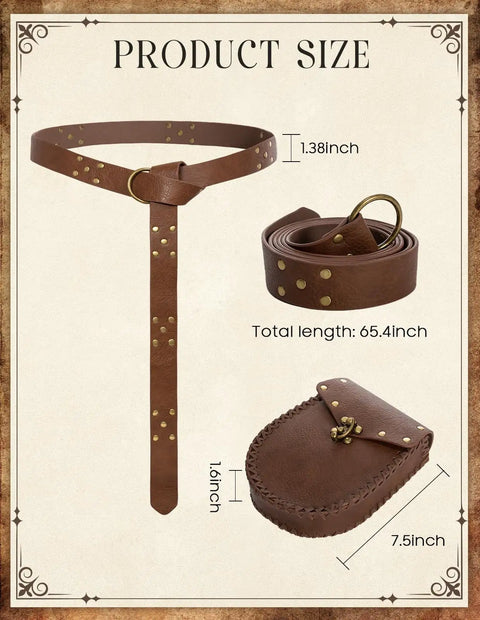 Snag This Kickass PU Leather Medieval Belt With Vintage Pirate Pouch Bag Heavy Duty Metal Clasp Adjustable Hip Fanny Pack For Renaissance Cosplay And Trail Runs Durable Brown Strap Fits Everyone Smooth Ride showing size details and dimensions.