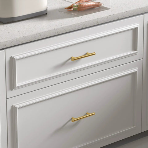 30 Pack 3 Inch Gold Cabinet Handles For Cupboards And Drawers, Fade Resistant Stainless Steel Gold Cabinet Pulls on white drawers