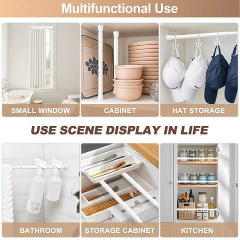 4 Pack Short Spring Tension Curtain Rods 8 To 12 Inches No Drill Mini DIY Slim Window Cupboard Sidelight White Easy To Install For Narrow Windows Cabinets Closets And Curtains showcasing multifunctional use in various home areas.