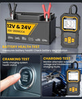 Top Shelf Plug And Play Car Battery Tester For 12V And 24V Vehicles With Heavy Duty Cca Scanning For Agm Gel Efb And Flooded Banks To Keep Your Rig Rolling Smooth Anytime, displayed on a battery with testing clips.