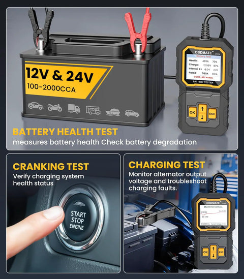 Top Shelf Plug And Play Car Battery Tester For 12V And 24V Vehicles With Heavy Duty Cca Scanning For Agm Gel Efb And Flooded Banks To Keep Your Rig Rolling Smooth Anytime, displayed on a battery with testing clips.