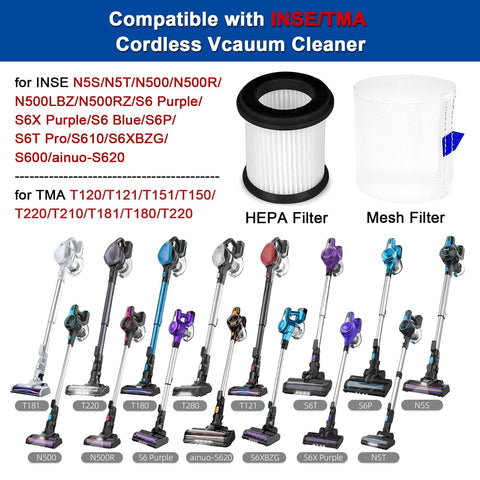 4 Pack HEPA Filter With Mesh Replacement For INSE N5S N5T S6T S6P Pro Cordless Vacuum Cleaner Compatible With N500 Series S6T Pro And More Replacement Filters, with various INSE vacuum models shown.