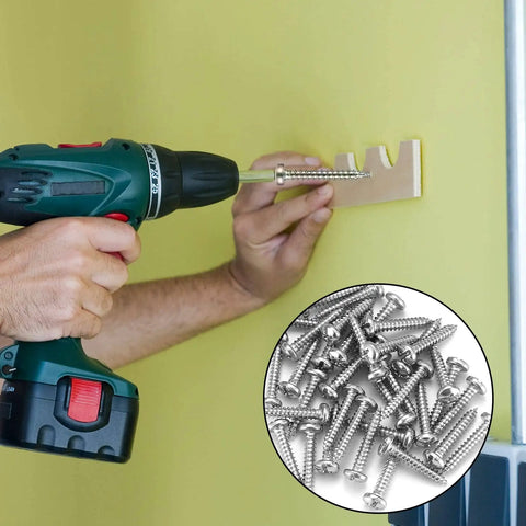200 Piece Conical Concrete Wall Anchors And Self Tapping Screws Kit For Drywall With 10 Gauge Blue Anchors Includes 100 Drywall Anchors, 100 Pan Head Screws, And 1 Blue Drill Bit For Easy Do It Yourself Heavy Duty Mounting being used on green wall with power drill