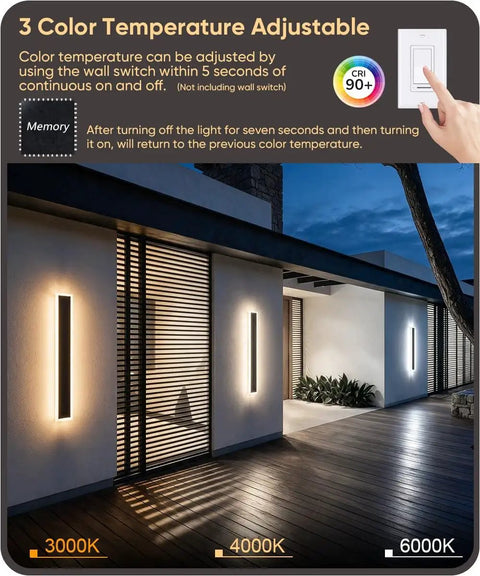 Aipsun 2 Packs Outdoor Wall Sconce, 3000K 4000K 6000K, 23.6in black LED light illuminating entrance and porch area.
