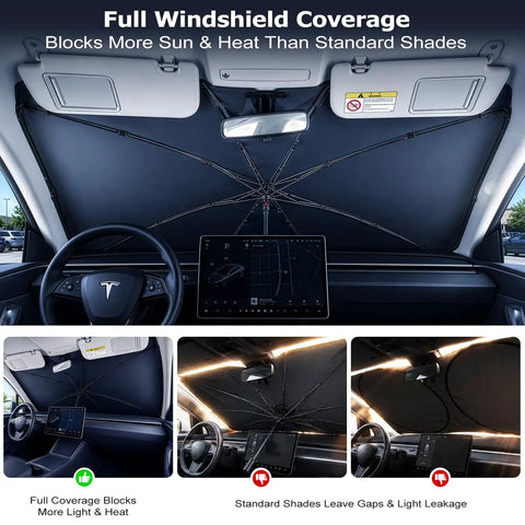 Upgraded Windshield Sun Shade Umbrella For Car With Reinforced Frame And UV Block Heat Shield installed on car interior