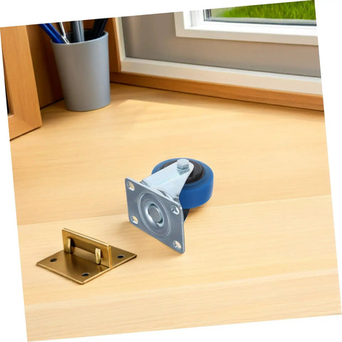 Heavy Duty 3 Inch Swivel Caster Wheels With Brake Two Pack For Furniture Transport Rolling Carts Replacement Top Plate Locking Casters Quiet Industrial TPR Wheels Easy Install Universal Swivel For Home Shop Use, blue caster with gold floor plate on wood desk