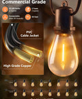 Close-up of 48Ft Outdoor String Lights With 16 LED Warm White Bulbs, showing PVC cable and hanging bulb, commercial-grade, dimmable