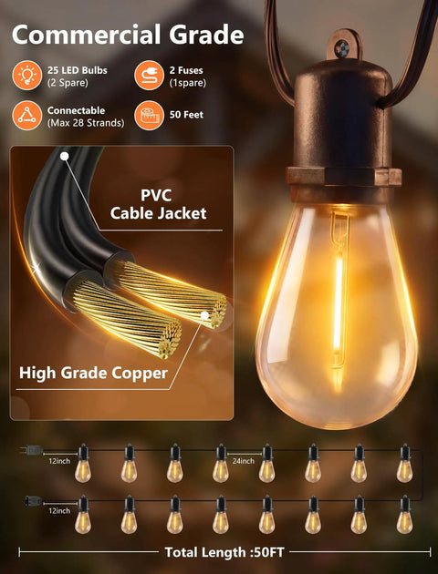 Close-up of 48Ft Outdoor String Lights With 16 LED Warm White Bulbs, showing PVC cable and hanging bulb, commercial-grade, dimmable