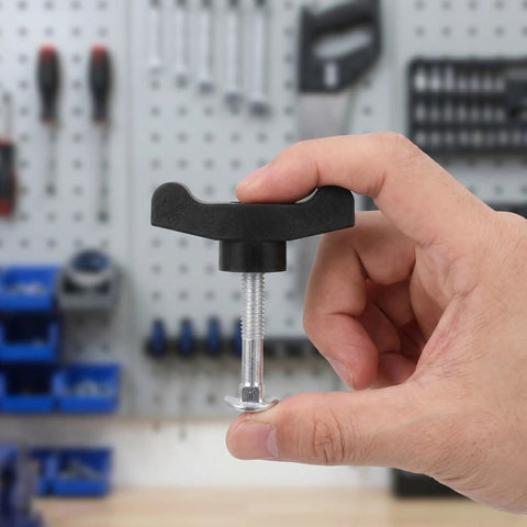 Upgrade Your Lawn Mower With These 4 Piece Handle Bolt Replacement Kit Featuring Durable Abs And Steel Wing Knob Screws For A Reliable Grip, Quick Release Design, And Smooth Adjustments Perfect For DIY Yard Work And Tough Maintenance Jobs. black ABS steel wing knob bolt in hand