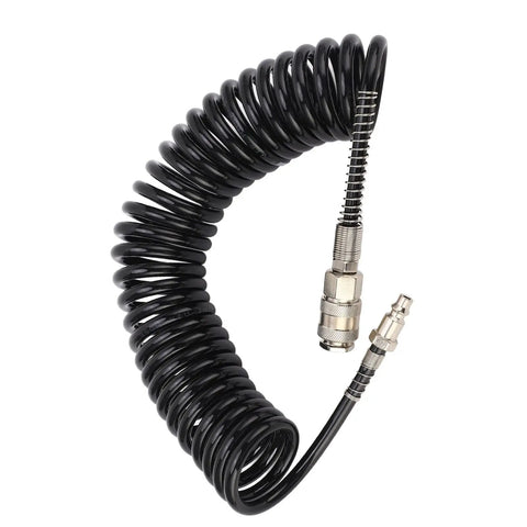 Premium Flexible Lightweight Coiled Air Hose With Fast Quick Connect For Tire Inflator Pump Dust Blowing Tools 6 Meters 19 Point 7 Feet Long Real Deal Quality For Car Garage Motorcycle Jobs Beast Mode Power Easy Storage Solutions Included. Black coiled air hose with quick-connect fittings