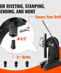 Three Ton Arbor Press With Smooth Handwheel Adjustment And Heavy Duty Steel Frame For Precision Stamping And Leather Craft Bang Out Daily Shop Tasks Rock Solid Benchtop Force Tool showing 0.5 inch drifts and secure system.