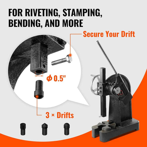 Three Ton Arbor Press With Smooth Handwheel Adjustment And Heavy Duty Steel Frame For Precision Stamping And Leather Craft Bang Out Daily Shop Tasks Rock Solid Benchtop Force Tool showing 0.5 inch drifts and secure system.