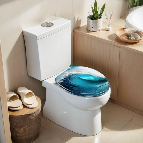 Generic Elongated Resin Toilet Seat for Bathroom with ocean wave design, fitting standard elongated toilets.