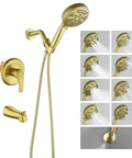 Brushed Gold Tub And Shower Faucet Set With Waterfall Spout Wall Mount Shower System Includes 5 Inch Shower Head And 9 Setting Handheld Sprayer Valve Included Easy Install Modern Bath Upgrade