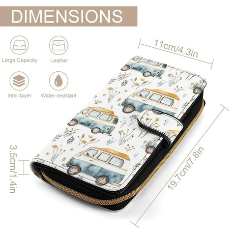Leather RFID Wallet Clutch For Women With Built In Mirror And Zippered Coin Pocket Long Purse dimensions and campervan print