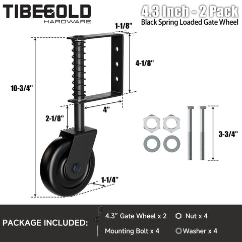 Heavy Duty 4.3 Inch Gate Wheels Black Outdoor Fence Casters With 360 Degree Swivel Spring Loaded Design That Rolls Like Butter Takes The Strain Off Posts Quick Fit 2 Pack with mounting bolts and hardware.