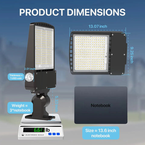 200W Parking Lot Light With 30,000 Lumens UL Listed 5000K Daylight Glow Adjustable Wall Mount dimensions shown with scale