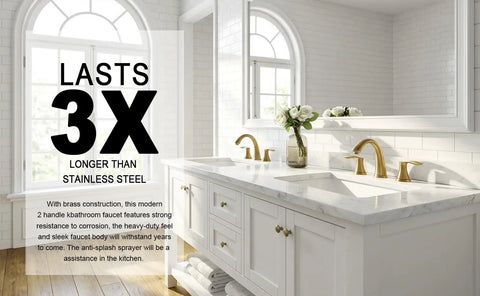 Brushed Gold 3 Hole 8 Inch Widespread Bathroom Faucet With Two Handles, Easy Install, Solid Brass Construction, in white vanity setup